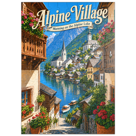 Darstellung des Puzzle Motivs Alpendorf am See – Morgenstimmung - Puzzleteile: 100