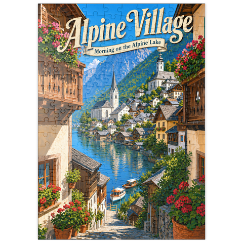 Darstellung des Puzzle Motivs Alpendorf am See – Morgenstimmung puzzleplate Alpine Village Lake Morning Charm 200 Puzzle