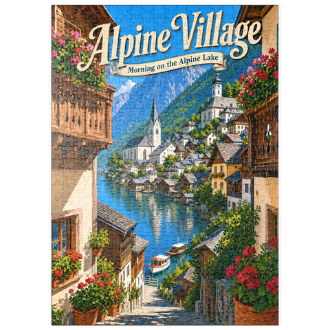 Darstellung des Puzzle Motivs Alpendorf am See – Morgenstimmung puzzleplate Alpine Village Lake Morning Charm 500 Puzzle