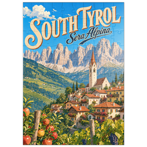 Darstellung des Puzzle Motivs Der Charme der Südtiroler Bergdörfer puzzleplate South Tyrol Alpine Village Charm 100 Puzzle
