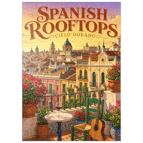 Darstellung des Puzzle Motivs Der Charme des goldenen Sonnenuntergangs über den spanischen Dächern puzzleplate Spanish Rooftops Golden Sunset Charm 500 Puzzle