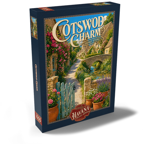 Darstellung des Puzzle Motivs Cotswold Village – Anhänger aus Honigstein Cotswold Village Honey Stone Charm 1000 Puzzle Schachtel Ansicht2