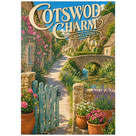 Darstellung des Puzzle Motivs Cotswold Village – Anhänger aus Honigstein puzzleplate Cotswold Village Honey Stone Charm 1000 Puzzle