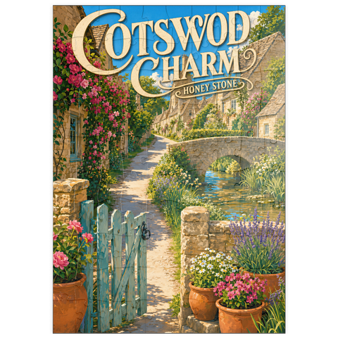 Darstellung des Puzzle Motivs Cotswold Village – Anhänger aus Honigstein puzzleplate Cotswold Village Honey Stone Charm 100 Puzzle