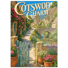 Darstellung des Puzzle Motivs Cotswold Village – Anhänger aus Honigstein - Puzzleteile: 100