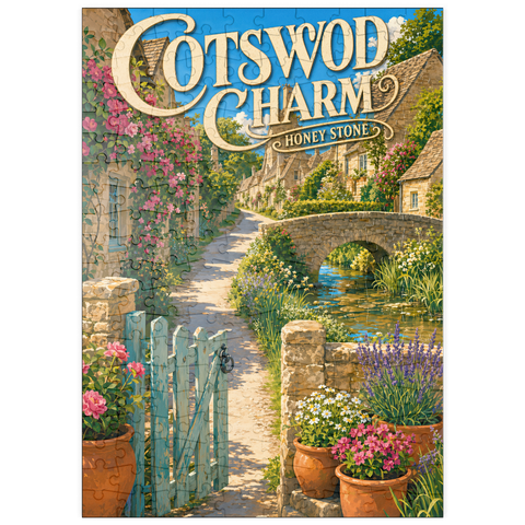Darstellung des Puzzle Motivs Cotswold Village – Anhänger aus Honigstein puzzleplate Cotswold Village Honey Stone Charm 200 Puzzle