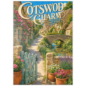 Darstellung des Puzzle Motivs Cotswold Village – Anhänger aus Honigstein - Puzzleteile: 200
