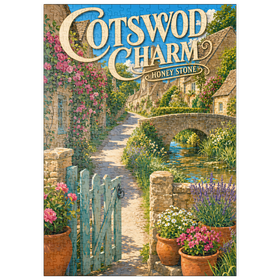 Darstellung des Puzzle Motivs Cotswold Village – Anhänger aus Honigstein - Puzzleteile: 500