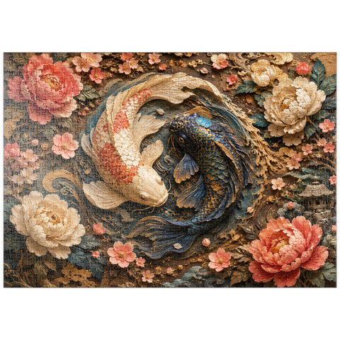 Darstellung des Puzzle Motivs Yin-Yang-Koi – Florale Eleganz puzzleplate Yin Yang Koi Floral Elegance 1000 Puzzle