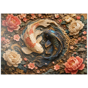 Darstellung des Puzzle Motivs Yin-Yang-Koi – Florale Eleganz - Puzzleteile: 1000