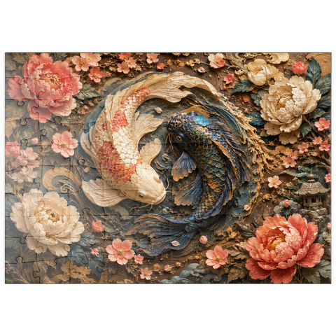 Darstellung des Puzzle Motivs Yin-Yang-Koi – Florale Eleganz puzzleplate Yin Yang Koi Floral Elegance 100 Puzzle