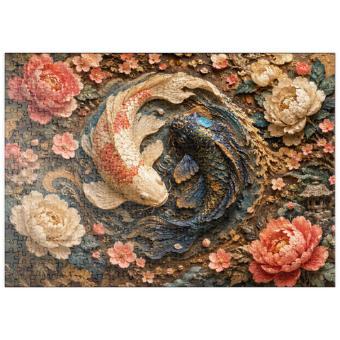 Darstellung des Puzzle Motivs Yin-Yang-Koi – Florale Eleganz puzzleplate Yin Yang Koi Floral Elegance 500 Puzzle