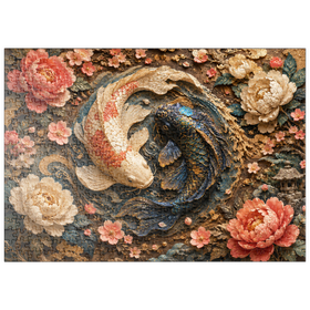 Darstellung des Puzzle Motivs Yin-Yang-Koi – Florale Eleganz - Puzzleteile: 500