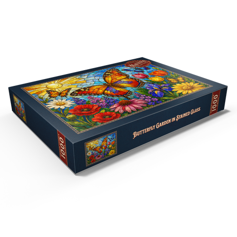 Darstellung des Puzzle Motivs Schmetterlingsgarten aus Buntglas Butterfly Garden in Stained Glass  1000 Puzzle Schachtel Ansicht1