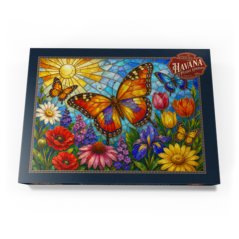 Darstellung des Puzzle Motivs Schmetterlingsgarten aus Buntglas Butterfly Garden in Stained Glass  1000 Puzzle Schachtel Ansicht3