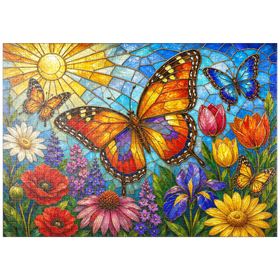 Darstellung des Puzzle Motivs Schmetterlingsgarten aus Buntglas - Puzzleteile: 1000