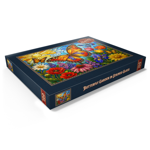 Darstellung des Puzzle Motivs Schmetterlingsgarten aus Buntglas Butterfly Garden in Stained Glass  100 Puzzle Schachtel Ansicht1