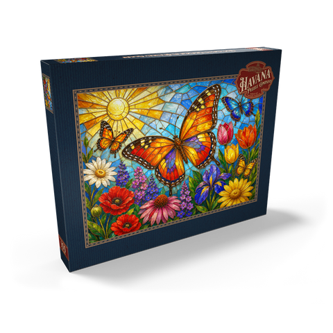 Darstellung des Puzzle Motivs Schmetterlingsgarten aus Buntglas Butterfly Garden in Stained Glass  100 Puzzle Schachtel Ansicht2
