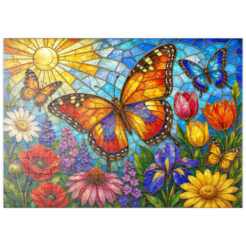 Darstellung des Puzzle Motivs Schmetterlingsgarten aus Buntglas puzzleplate Butterfly Garden in Stained Glass  100 Puzzle