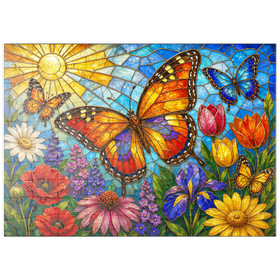 Darstellung des Puzzle Motivs Schmetterlingsgarten aus Buntglas - Puzzleteile: 100