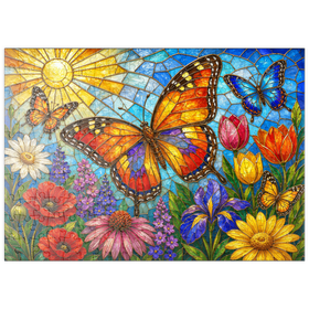 Darstellung des Puzzle Motivs Schmetterlingsgarten aus Buntglas - Puzzleteile: 200