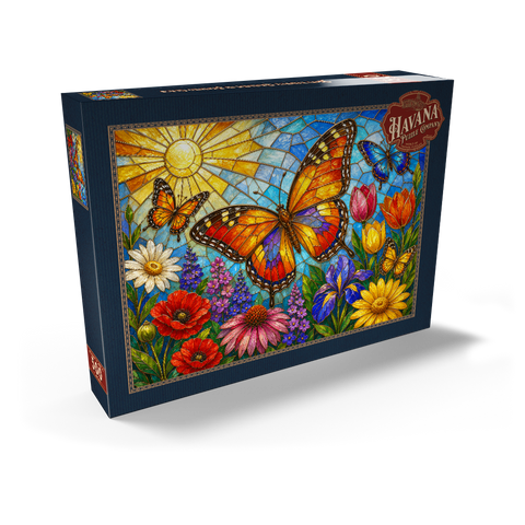 Darstellung des Puzzle Motivs Schmetterlingsgarten aus Buntglas Butterfly Garden in Stained Glass  500 Puzzle Schachtel Ansicht2