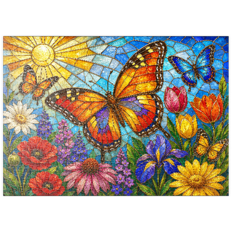 Darstellung des Puzzle Motivs Schmetterlingsgarten aus Buntglas puzzleplate Butterfly Garden in Stained Glass  500 Puzzle