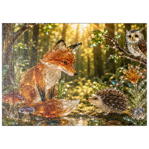 Darstellung des Puzzle Motivs Leuchtende Glasfiguren – Waldfreunde puzzleplate Luminous Glass Forest Friends 500 Puzzle