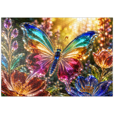 Darstellung des Puzzle Motivs Leuchtender Glas-Schmetterlingsgarten puzzleplate Luminous Glass Butterfly Garden 1000 Puzzle