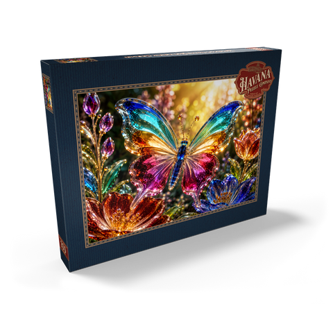 Darstellung des Puzzle Motivs Leuchtender Glas-Schmetterlingsgarten Luminous Glass Butterfly Garden 200 Puzzle Schachtel Ansicht2