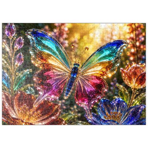 Darstellung des Puzzle Motivs Leuchtender Glas-Schmetterlingsgarten puzzleplate Luminous Glass Butterfly Garden 500 Puzzle
