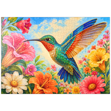 Darstellung des Puzzle Motivs puzzleplate Jeweled Hummingbird Flower Garden 1000 Puzzle