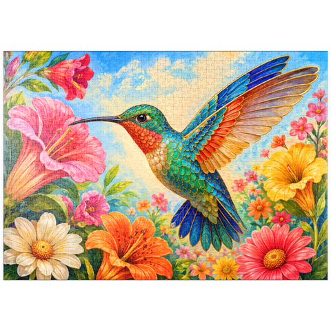 Darstellung des Puzzle Motivs Der verzierte Kolibri-Blumengarten puzzleplate Jeweled Hummingbird Flower Garden 1000 Puzzle