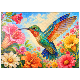 Darstellung des Puzzle Motivs Der verzierte Kolibri-Blumengarten - Puzzleteile: 1000