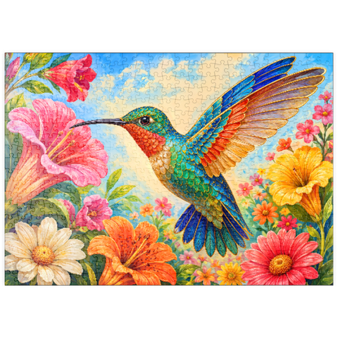 Darstellung des Puzzle Motivs Der verzierte Kolibri-Blumengarten puzzleplate Jeweled Hummingbird Flower Garden 500 Puzzle