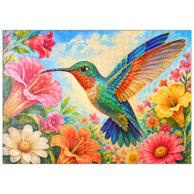 Darstellung des Puzzle Motivs Der verzierte Kolibri-Blumengarten - Puzzleteile: 500