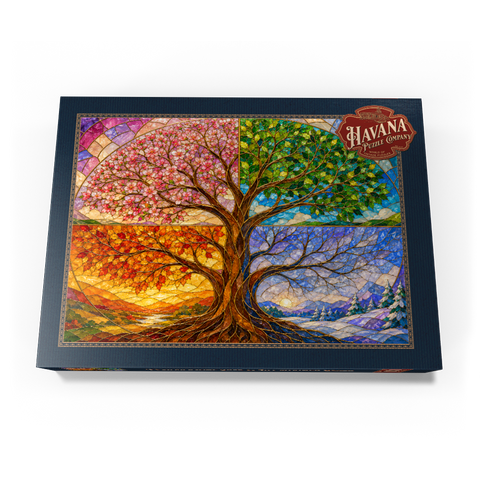 Darstellung des Puzzle Motivs Buntglasfenster „Baum des Lebens – Die vier Jahreszeiten“ Four Seasons Tree of Life Stained Glass 1000 Puzzle Schachtel Ansicht3