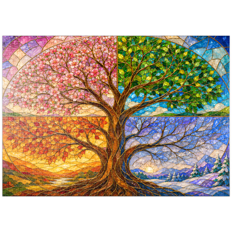 Darstellung des Puzzle Motivs Buntglasfenster „Baum des Lebens – Die vier Jahreszeiten“ puzzleplate Four Seasons Tree of Life Stained Glass 1000 Puzzle
