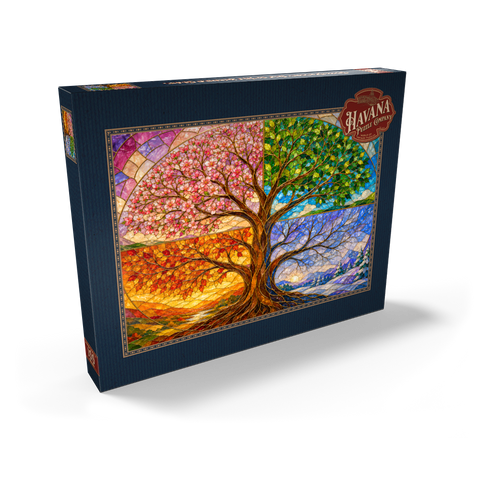 Darstellung des Puzzle Motivs Buntglasfenster „Baum des Lebens – Die vier Jahreszeiten“ Four Seasons Tree of Life Stained Glass 100 Puzzle Schachtel Ansicht2