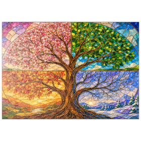 Darstellung des Puzzle Motivs Buntglasfenster „Baum des Lebens – Die vier Jahreszeiten“ - Puzzleteile: 100