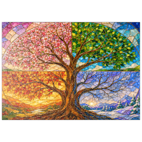 Darstellung des Puzzle Motivs Buntglasfenster „Baum des Lebens – Die vier Jahreszeiten“ puzzleplate Four Seasons Tree of Life Stained Glass 500 Puzzle