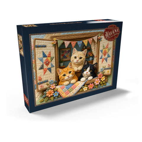 Darstellung des Puzzle Motivs Gemütliche Katzen auf dem Fenster Cozy Quilt Window Cats 1000 Puzzle Schachtel Ansicht2