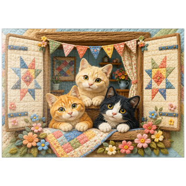 Darstellung des Puzzle Motivs puzzleplate Cozy Quilt Window Cats 1000 Puzzle