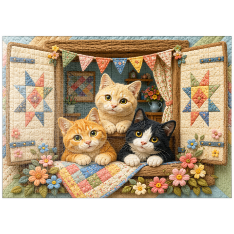 Darstellung des Puzzle Motivs Gemütliche Katzen auf dem Fenster puzzleplate Cozy Quilt Window Cats 1000 Puzzle