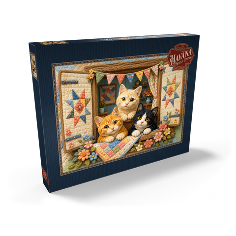 Darstellung des Puzzle Motivs Gemütliche Katzen auf dem Fenster Cozy Quilt Window Cats 100 Puzzle Schachtel Ansicht2