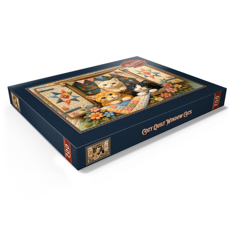 Darstellung des Puzzle Motivs Gemütliche Katzen auf dem Fenster Cozy Quilt Window Cats 200 Puzzle Schachtel Ansicht1