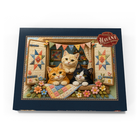 Darstellung des Puzzle Motivs Gemütliche Katzen auf dem Fenster Cozy Quilt Window Cats 200 Puzzle Schachtel Ansicht3