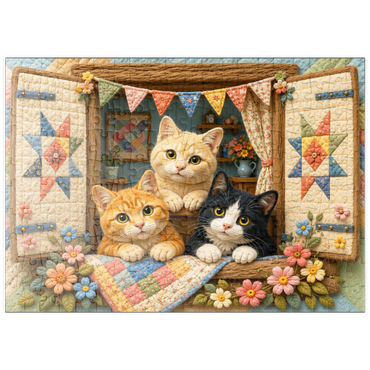 Darstellung des Puzzle Motivs puzzleplate Cozy Quilt Window Cats 200 Puzzle