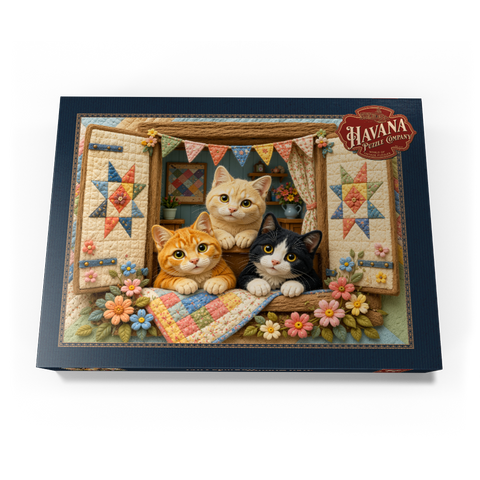 Darstellung des Puzzle Motivs Gemütliche Katzen auf dem Fenster Cozy Quilt Window Cats 500 Puzzle Schachtel Ansicht3