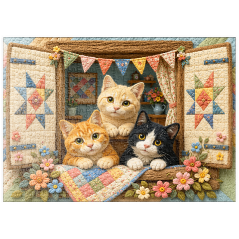 Darstellung des Puzzle Motivs Gemütliche Katzen auf dem Fenster puzzleplate Cozy Quilt Window Cats 500 Puzzle